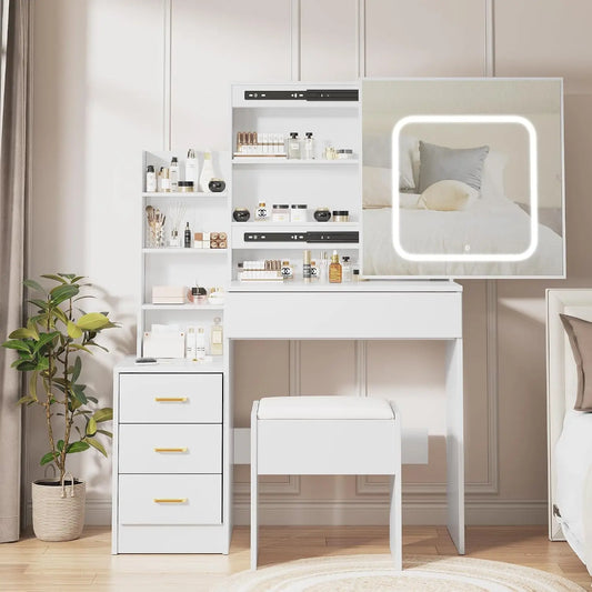 Vanity Desk With Mirror and LED Lights - Makeup Vanity Desk With Sliding Mirror, Power Outlet, 3 Color Adjustable Light, Dressing Table With 4 Drawers