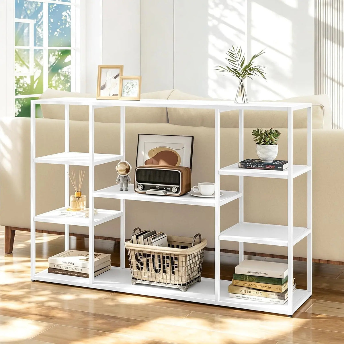 47 Inch Metal Console Table with 8 Storage Shelves - Extra Long Entryway Table, Narrow Sofa Table, Hallway Table for Entrances to Corridor, Foyer