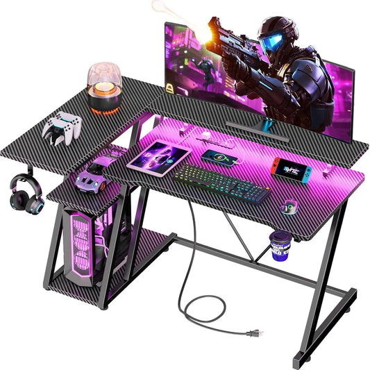 Korfile 40 Inch Gaming Desk with Power Outlet - LED, Carbon Fiber Black