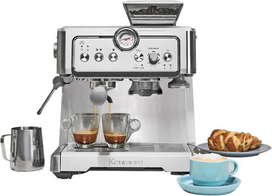 Kenmore Espresso Machine - Automatic Coffee Maker with Manual Tamper, Auto Cleaning, Milk Steamer & Frother, Bean Grinder, Café Latte