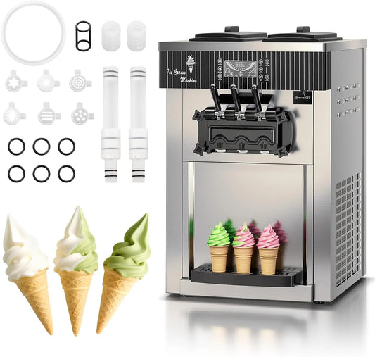 Soft Serve Ice Cream Machine - 28 QT/H Yield 2450W Countertop Commercial Ice Cream Machine With 2x6L Hopper 3 Dispensers, for Restaurant Snack Bar