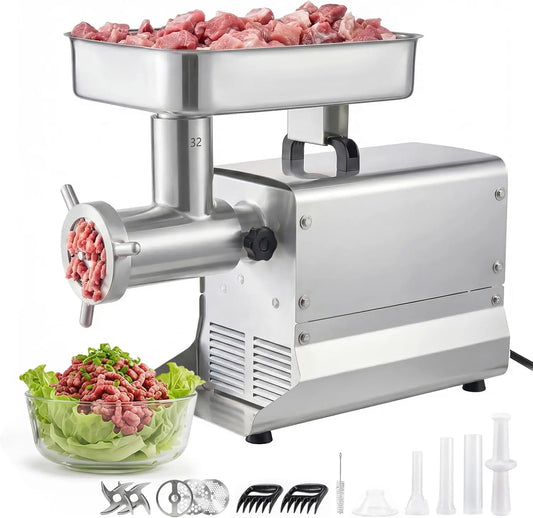 VEVOR Commercial Meat Grinder - 21 Lbs/Min Capacity, #32 Electric Meat Mincer with 3 Plates, 3 Sausage Stuff Tubes, ETL Listed