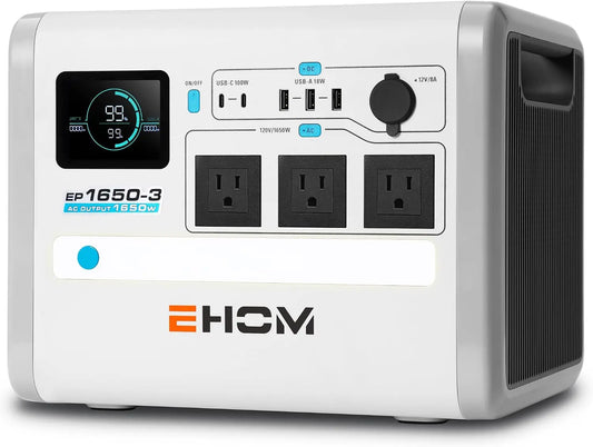 EHOM Portable Power Station - EP1650 1024Wh LiFePO4 EVE Battery Solar Generator Backup 120V AC/DC/USB, 1650W, Peak 2200W
