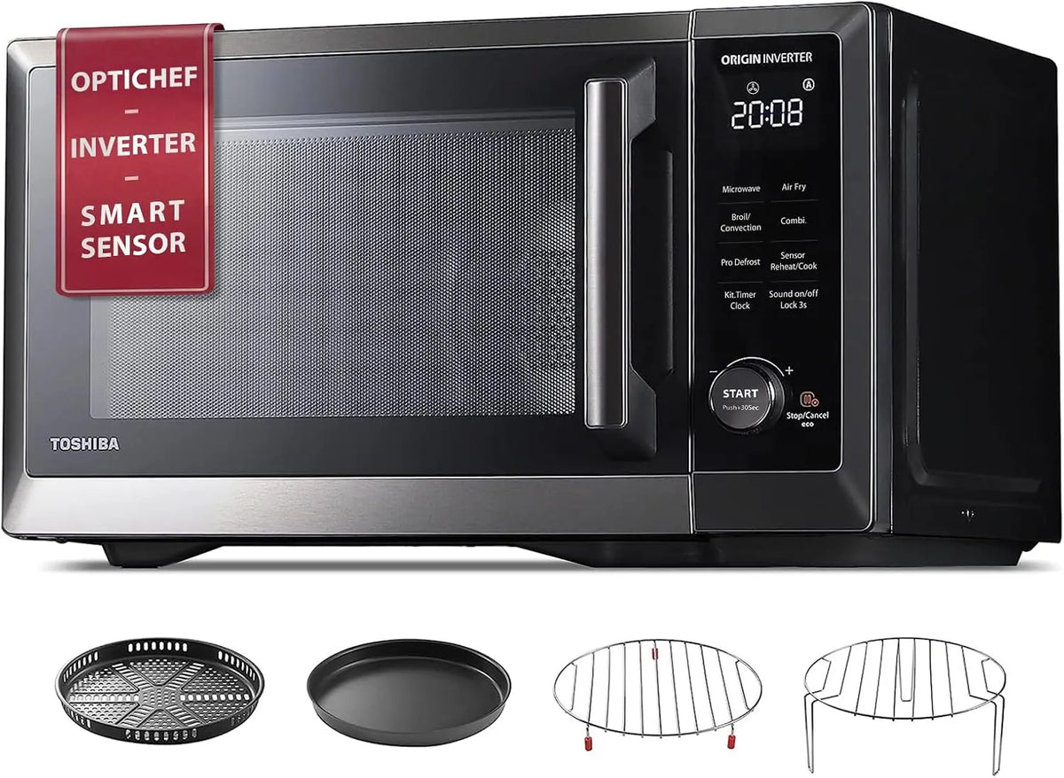 TOSHIBA OptiChef Classic All-in-One Countertop Microwave Air Fryer Combo for Small Kitchens 1.0 Cu. Ft. 1000W - Origin Inverter Tech & Humidity Sensor