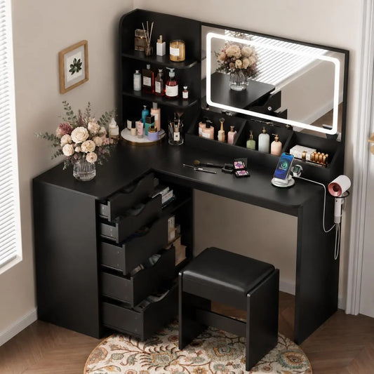 YESHOMY 47.2'' L-Shaped Corner Vanity Desk - With 3-Color Dimmable LED Mirror