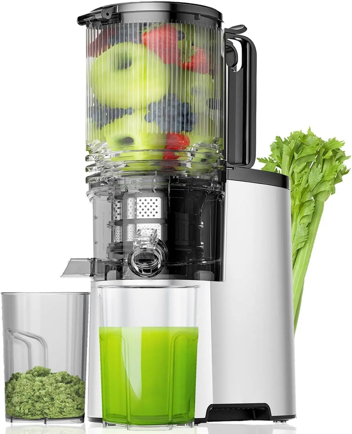 EanOruus Cold Press Juicer - 5.8 Inch Wide Feed Chute Juice Extractor Machine with 400W, High Juice Yield, Silver