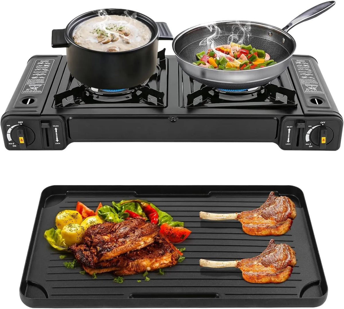 Camping Stove - Portable Butane Camping Stove, Propane Stove 2 Burner Propane Gas Stove, Double Auto Ignition Camping Burner LPG for RV, Apartments