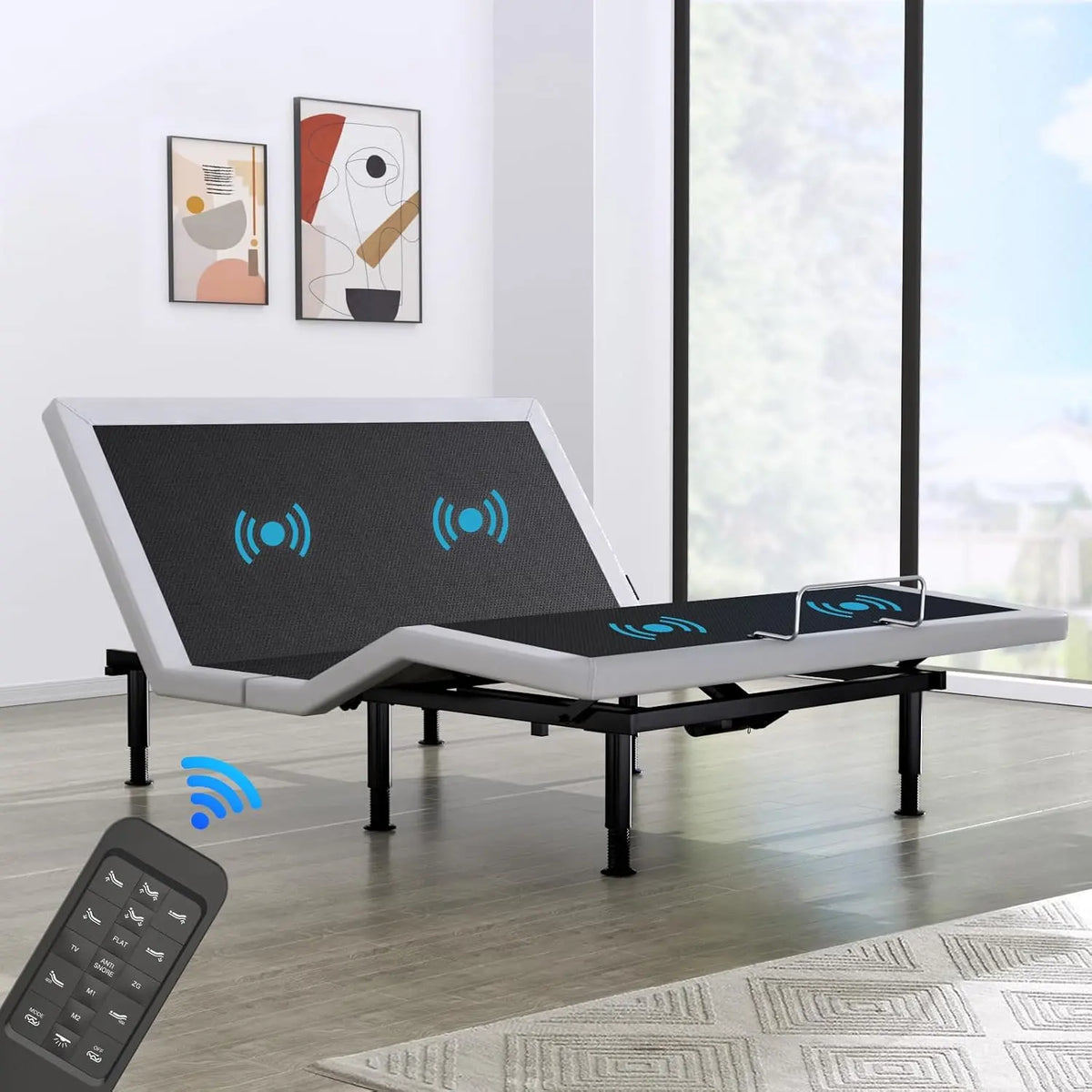 Queen Adjustable Bed Base Frame - Massage & Wireless Remote, Dual USB Ports, Ergonomic Upholstered Bed Frame, Lift Motor, Under Bed Lighting