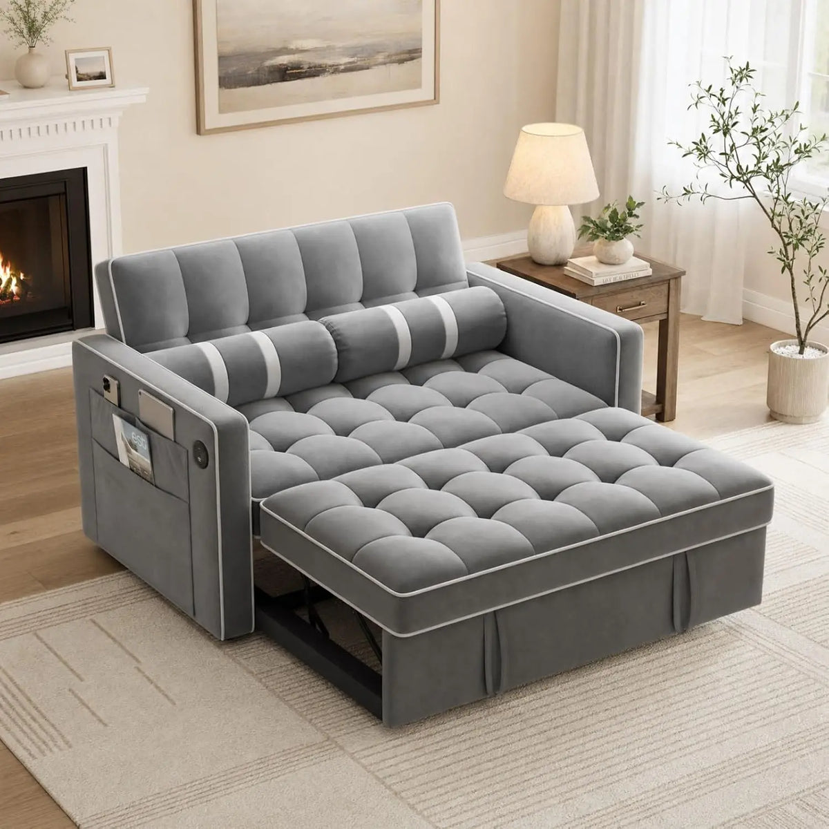 Marsail Convertible Futon Sleeper Sofa Bed - Pull Out Couch Loveseat, Gray