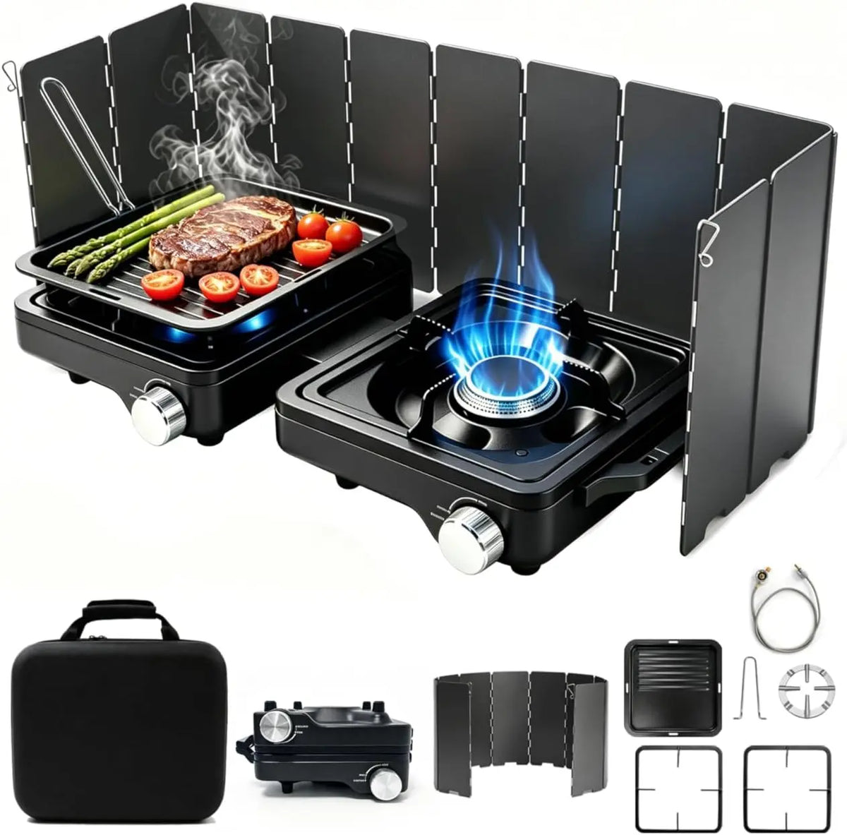 2 Burner Camp Stove 24000 BTU - Portable Propane Camping Stove with Windshield, Foldable Gas Stove with Adjustable Burners, Carry Bag, Tailgating