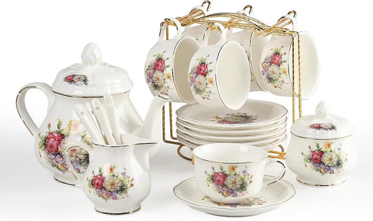 Sweejar 23 Pieces Floral Tea Sets with Metal Holder - Relief Gold Rim Porcelain Tea Sets for Adults, Cup and Saucer Set for 6, with Teapot, Sugar Bowl