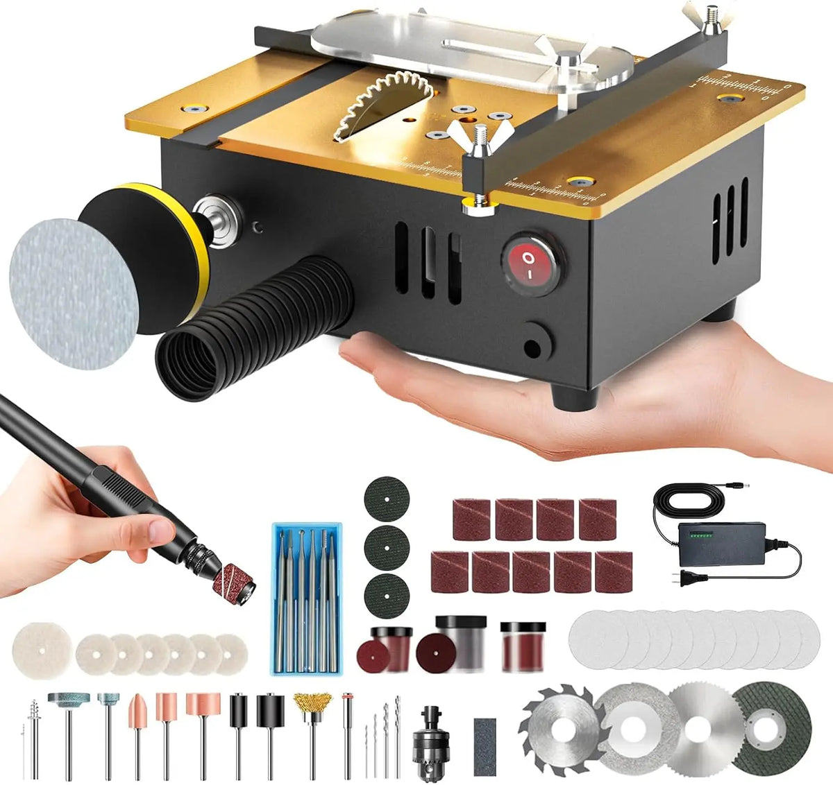 Super Mini Table Saw for Crafts & Hobbyists - [Dual Motor & Switches] 7 Speeds 200W Max, Multifunctional, 122+ Accessories, Cut/Engrave/Polish/Drill