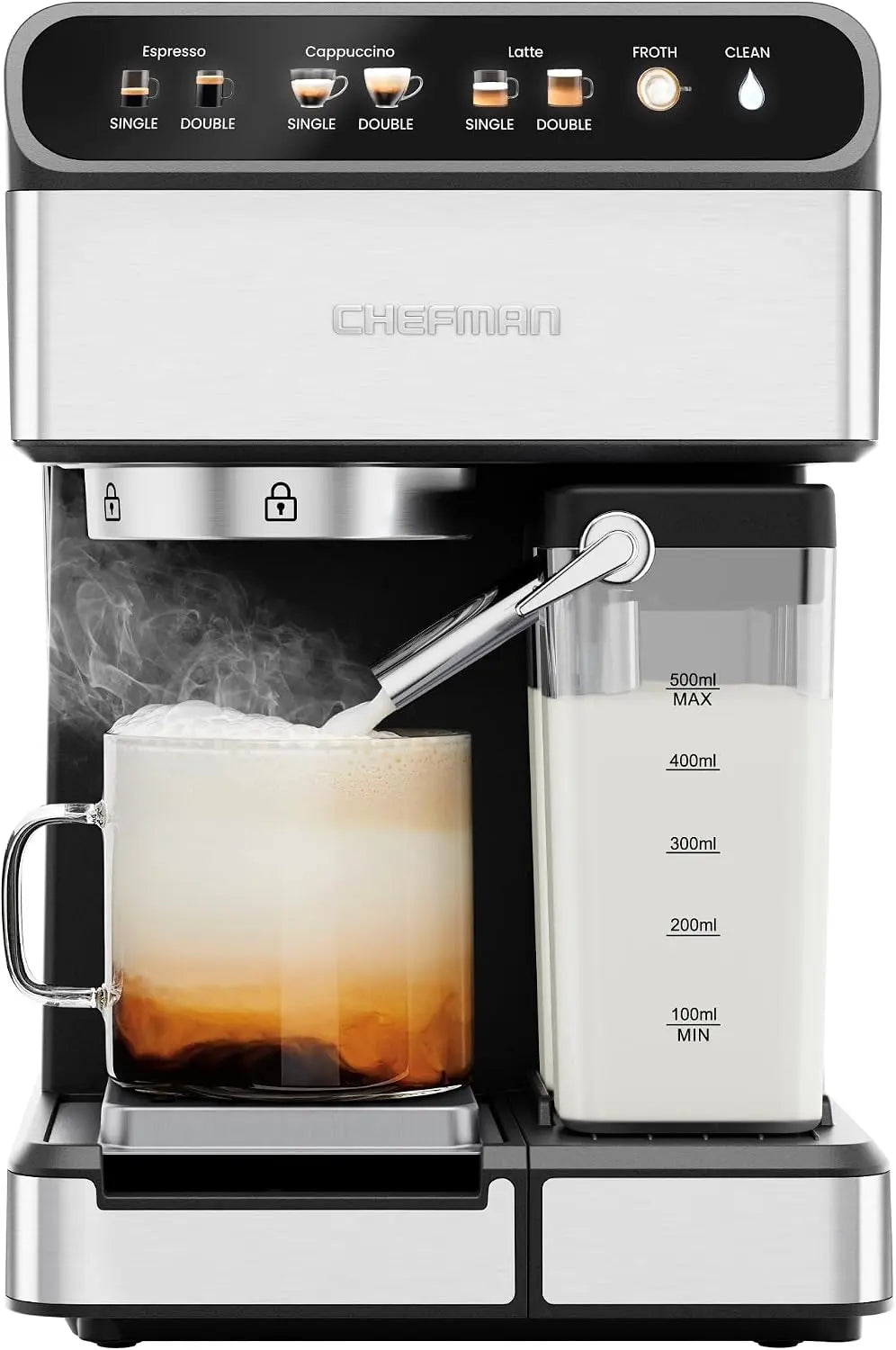 Chefman CaféMaster Pro Espresso Machine - Brew Single or Double Shots, Coffee Maker with Built-In Milk Frother for Cappuccino & Latte, Stainless Steel