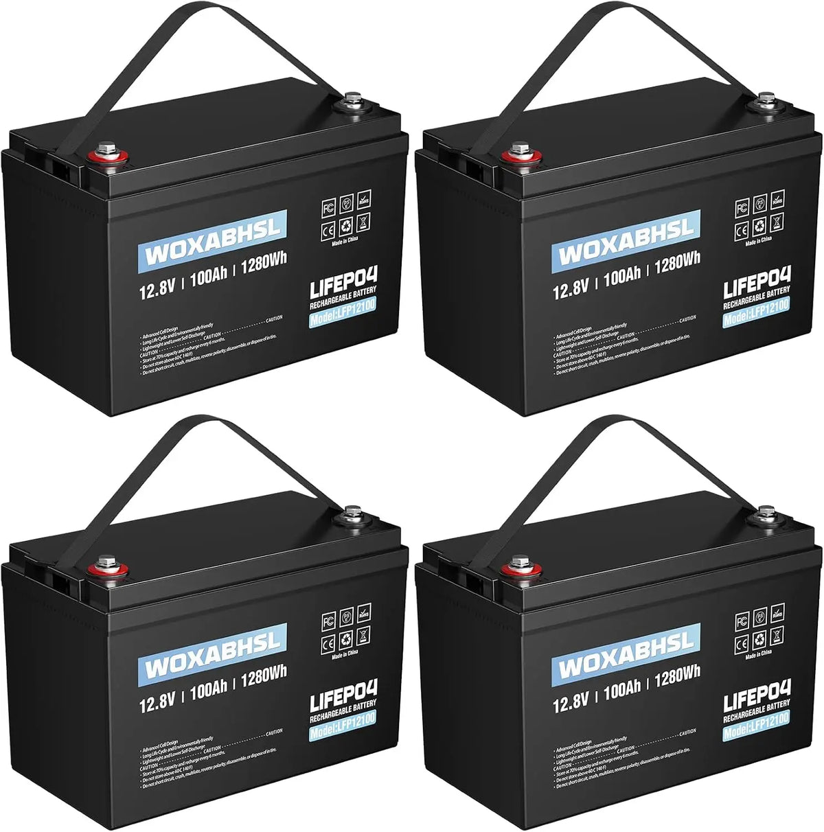 12V 100Ah LiFePO4 Battery 4000~8000 Cycles - 4-Pack with Built-in BMS, Solar, Marine and Home Energy Storage