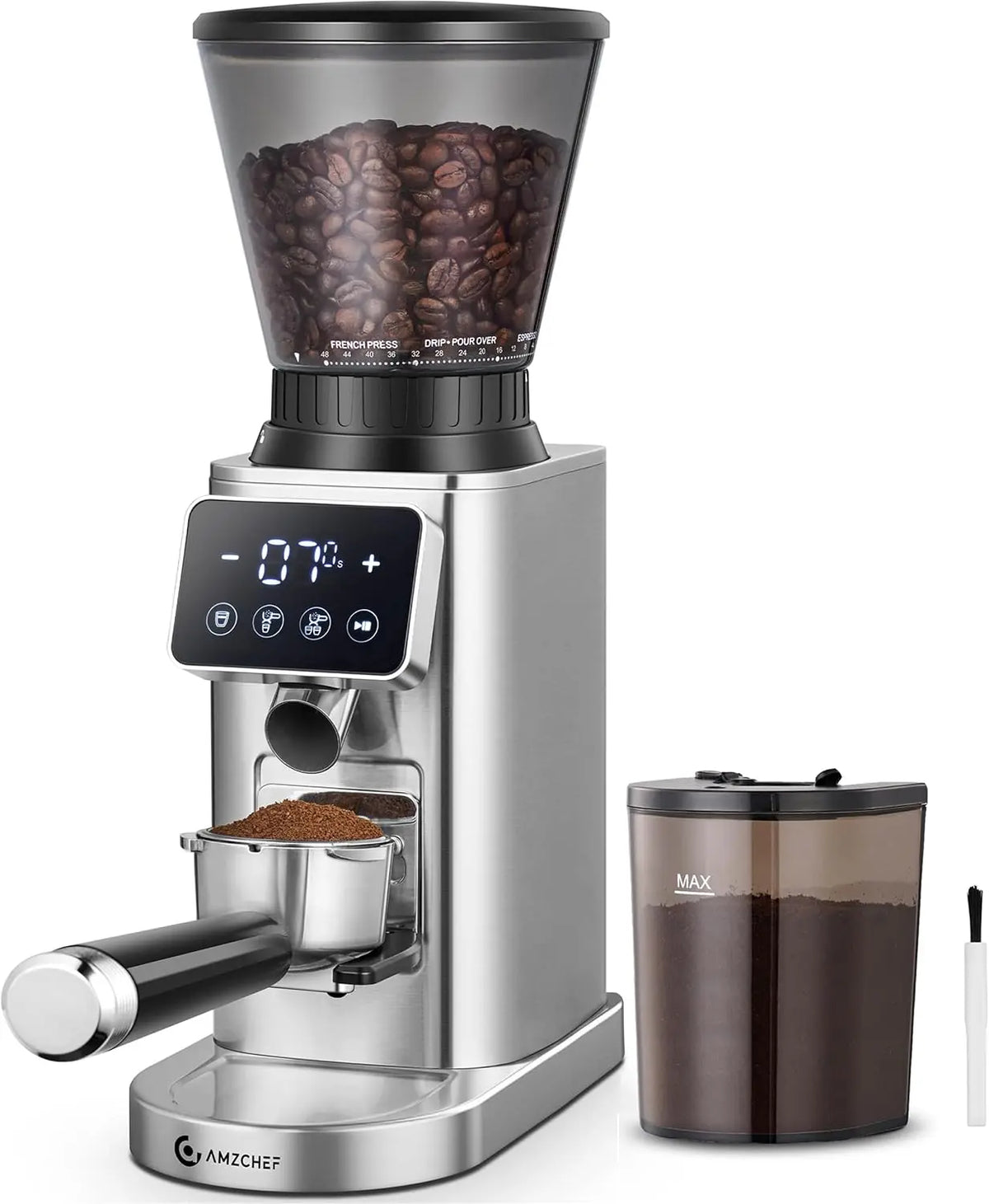 AMZCHEF Burr Coffee Grinder - 48 Settings, Less Static Mess, Metallic Silver