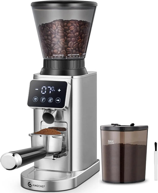 AMZCHEF Burr Coffee Grinder - 48 Settings, Less Static Mess, Metallic Silver