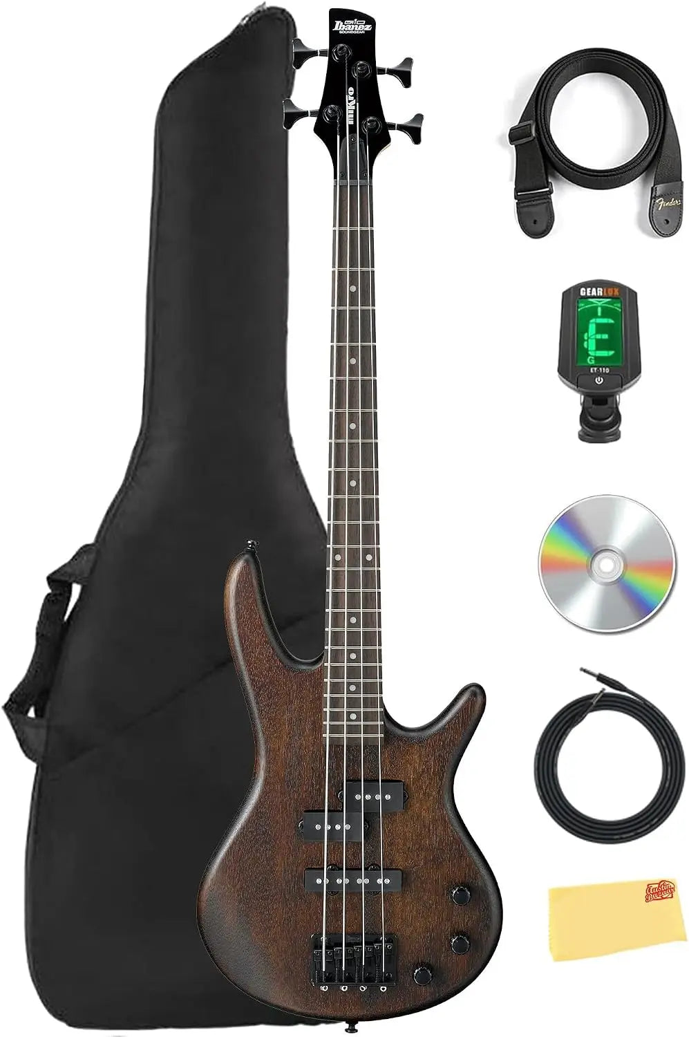 Ibanez GSRM20B SR Gio miKro Short-Scale Bass Guitar - Walnut Flat Bundle with Gig Bag, Tuner, Strap, Instrument Cable, Austin Bazaar Instructional DVD