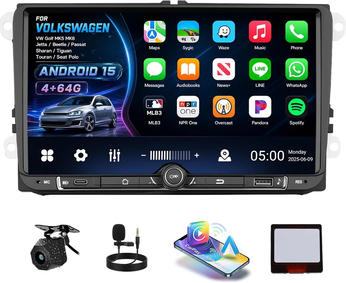[4+64G] Android 15 Car Radio Stereo for Volkswagen VW Golf MK5 MK6 Jetta Beetle Passat Sharan Tiguan Touran Seat Polo - Wireless Carplay, GPS, FM/RDS