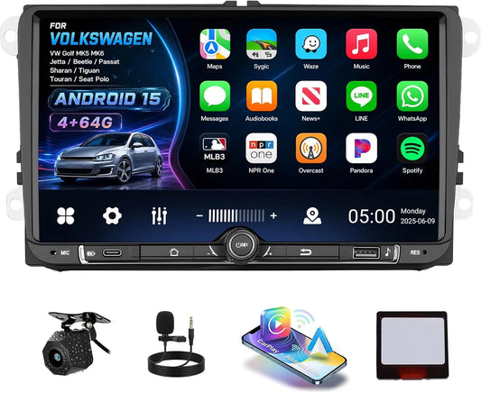 [4+64G] Android 15 Car Radio Stereo for Volkswagen VW Golf MK5 MK6 Jetta Beetle Passat Sharan Tiguan Touran Seat Polo - Wireless Carplay, GPS, FM/RDS