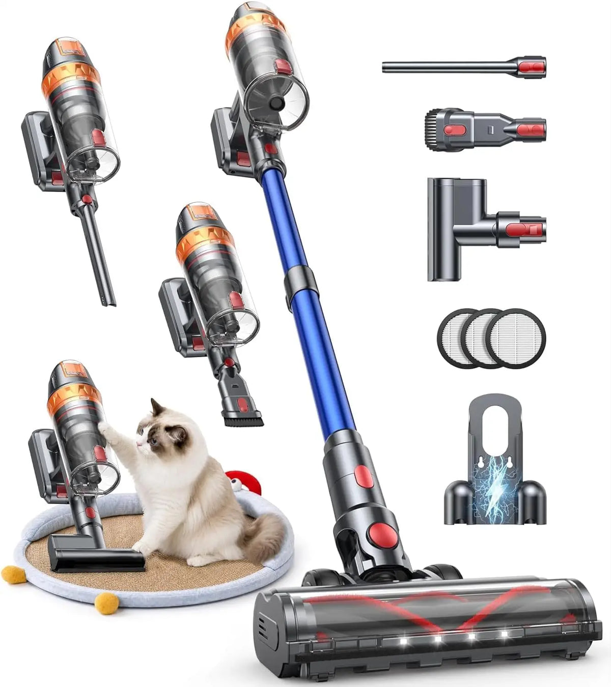 Cordless Vacuum Cleaner - 650W 55KPA 70Min, Eco, with Extra Mattress Cleaning Tool, Stick Vacuum Cleaners for Home, Wall Mount Charging, Self-Standing