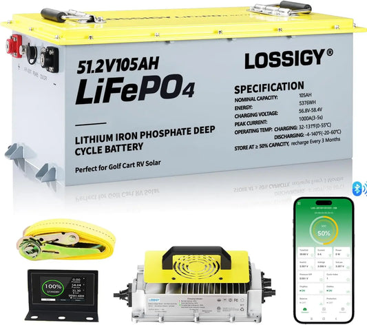 Metal Case 48V Lithium Golf Cart Battery - LiFePO4 Battery with 200A BMS, Peak Current 1000A, 3-5S, Includes 18A Charger, for Golf Carts, RV, 105Ah