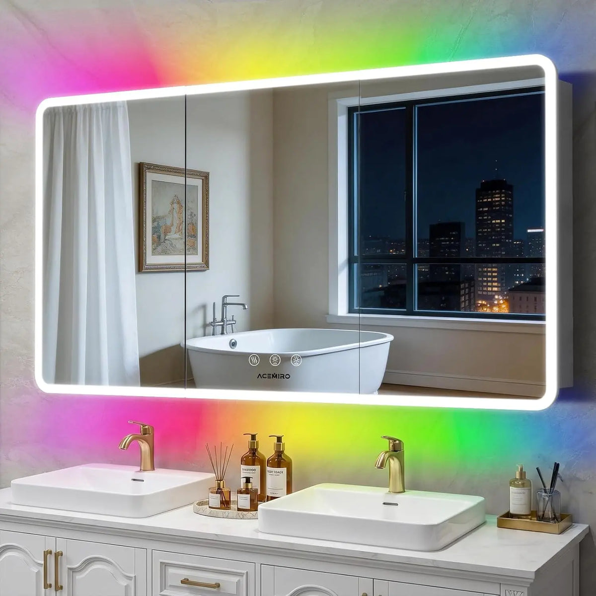 ACEMIRO 60×32 Inch Lighted Medicine Cabinet with Mirror - RGB Backlit LED Medicine Cabinet with 3-Color Front Lights, Defogger, Three Door