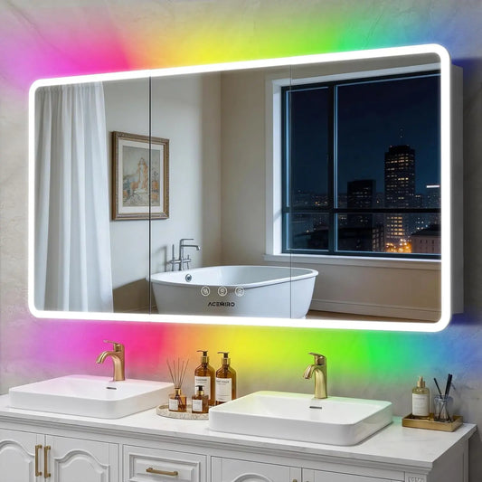ACEMIRO 60×32 Inch Lighted Medicine Cabinet with Mirror - RGB Backlit LED Medicine Cabinet with 3-Color Front Lights, Defogger, Three Door