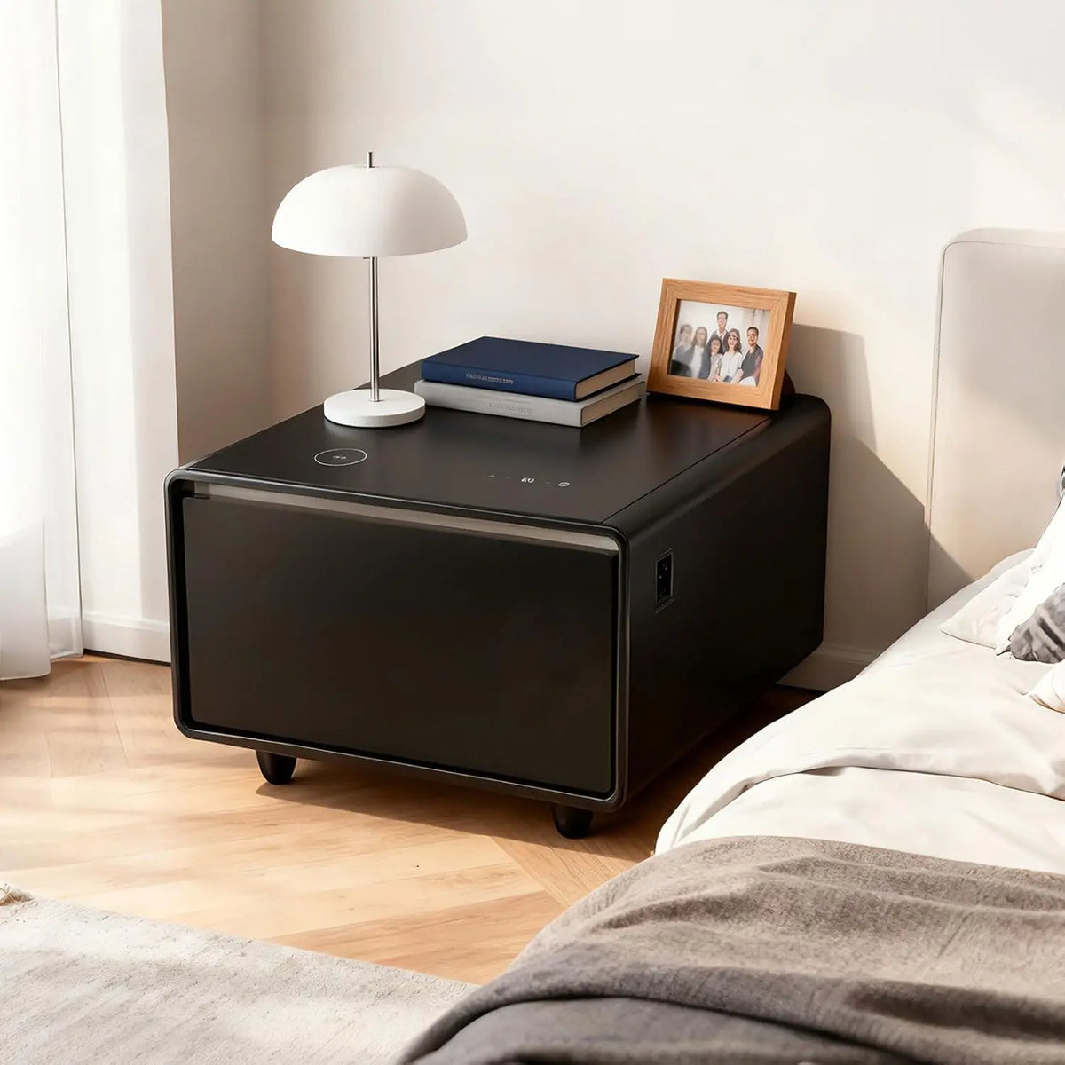 Modern Smart Side Table with Built-in Fridge Drawer - 37-46°F, 15W Wireless Charging Nightstand, End Table with 2 Power Outlets, USB/Type-C Ports