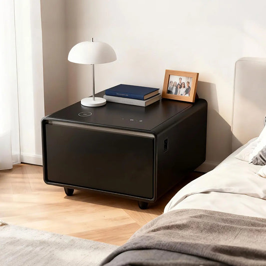 Modern Smart Side Table with Built-in Fridge Drawer - 37-46°F, 15W Wireless Charging Nightstand, End Table with 2 Power Outlets, USB/Type-C Ports