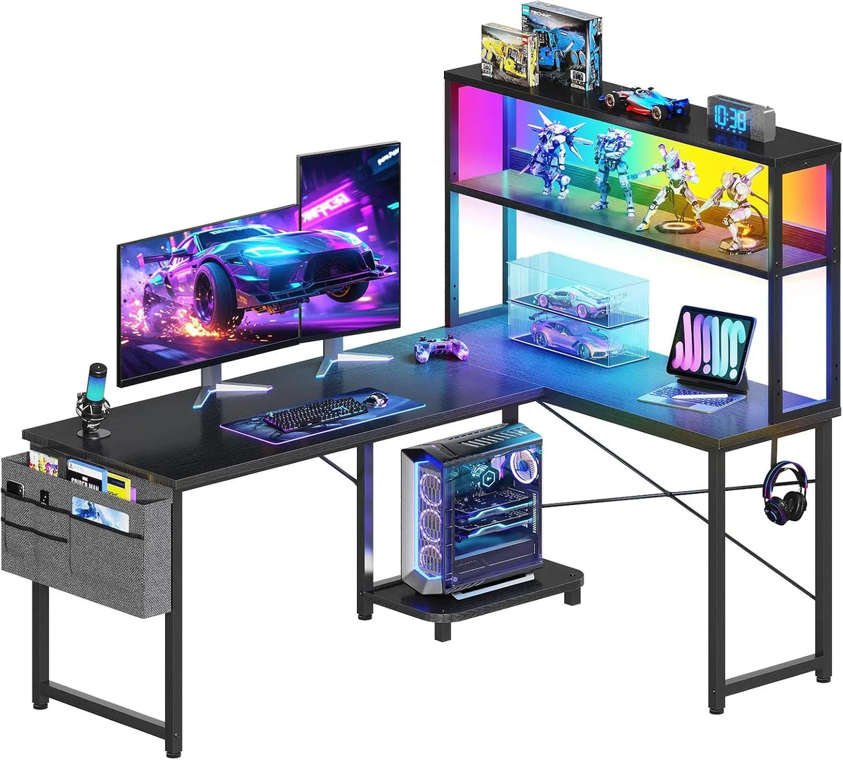 Coleshome L Shaped Gaming Desk - With Hutch & LED Light