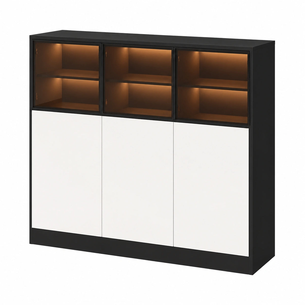 Credenza moderna con illuminazione LED e ante in vetro, 100 cm, colore nero e bianco, design sicuro e spazioso per soggiorno e cucina
