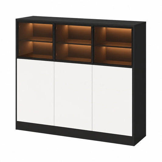 Credenza moderna con illuminazione LED e ante in vetro, 100 cm, colore nero e bianco, design sicuro e spazioso per soggiorno e cucina