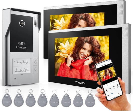 TMEZON Wireless WiFi Video Doorbell Intercom System 2 Unit and Monitor Door Phone IP 4 Wire 7 Inch Entry 1080P Camera Night Vision