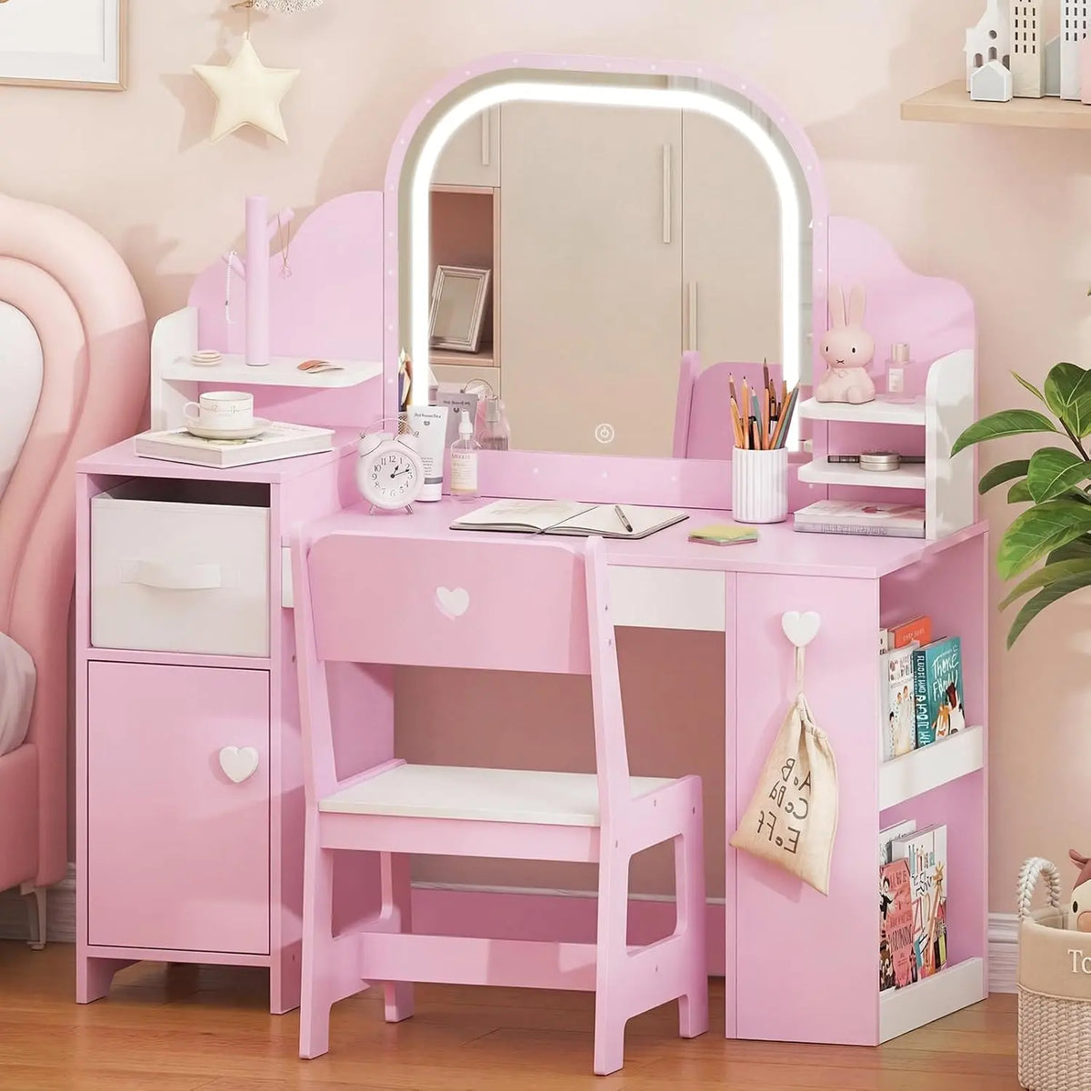Frogprin Kids Vanity with Lights and Chair - Princess Makeup Vanity Desk with Mirror Bookshelf Storage Cabinet, 3 in 1 Toddler Vanity Table