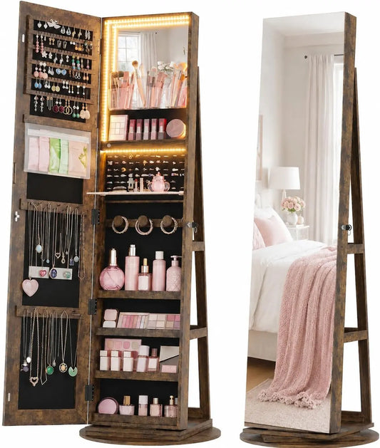 HWB 360° Swivel Mirror Jewelry Cabinet - 3 LED Lights, Lockable, Brown