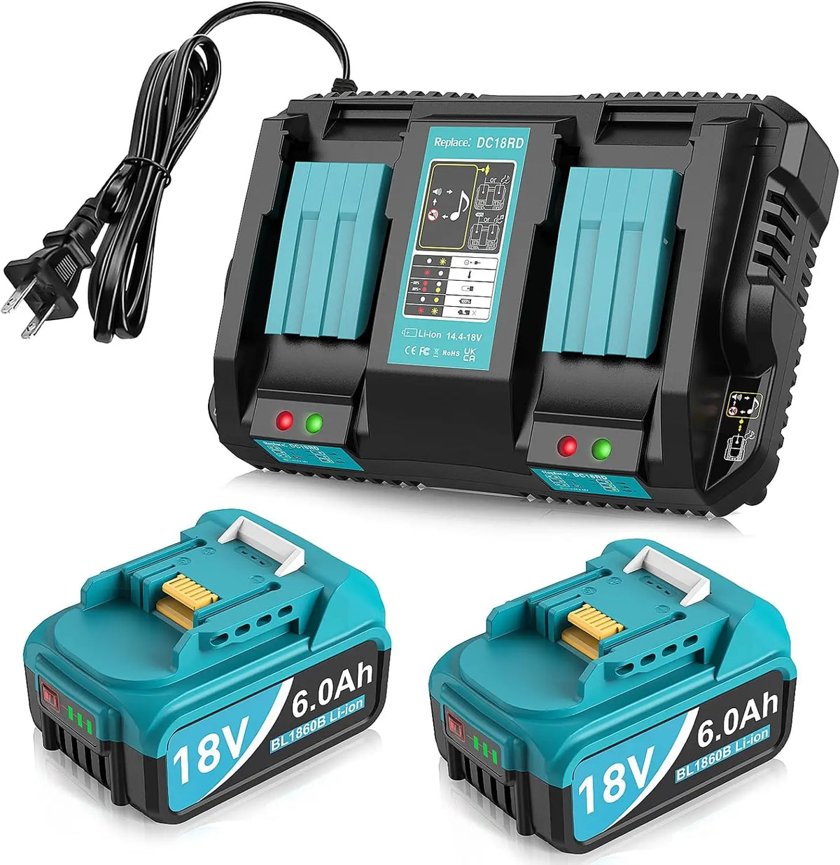 2Packs 6.0Ah Replacement for Makita Battery 18V - With 2-Port Charger