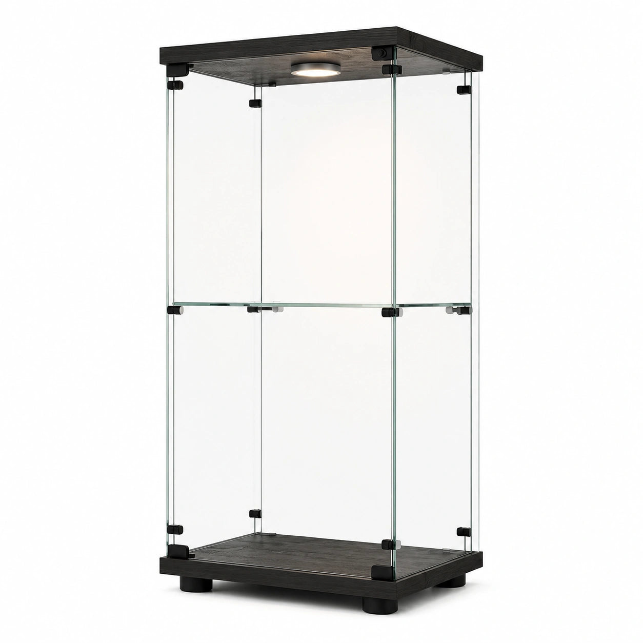 Vetrina Moderna in Vetro a 2 Livelli con LED, Armadietto di Stoccaggio con Ripiani, Vetrinetta con Serratura e Porta, Mobile da Collezione Nero