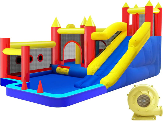 Bounce House for Kids - Inflatable Bounce Castle with Blower, Jumping Bouncer with Slide, Climbing Wall, Ball Pit, Happy