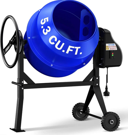 LDHTHOPI 5.3 Cu. Ft. Portable Concrete Mixer - 750W, 1HP, Heavy Duty Cement Mixing Machine with Wheels & Stand for Mortar, Stucco, Fodder, Blue