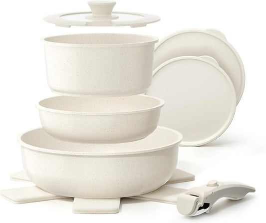 YASHE 9Pcs Granite Nonstick Pots and Pans Set - Oven Safe, Stackable