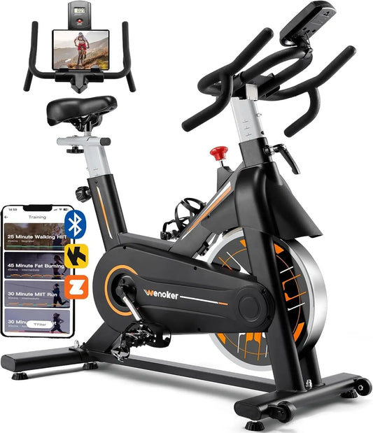 Wenoker Exercise Bike - Indoor Spin Bike with Adjustable Resistance Bluetooth Fitness App, 350 LBS Heavy Duty Frame, Smooth Quiet Belt Drive