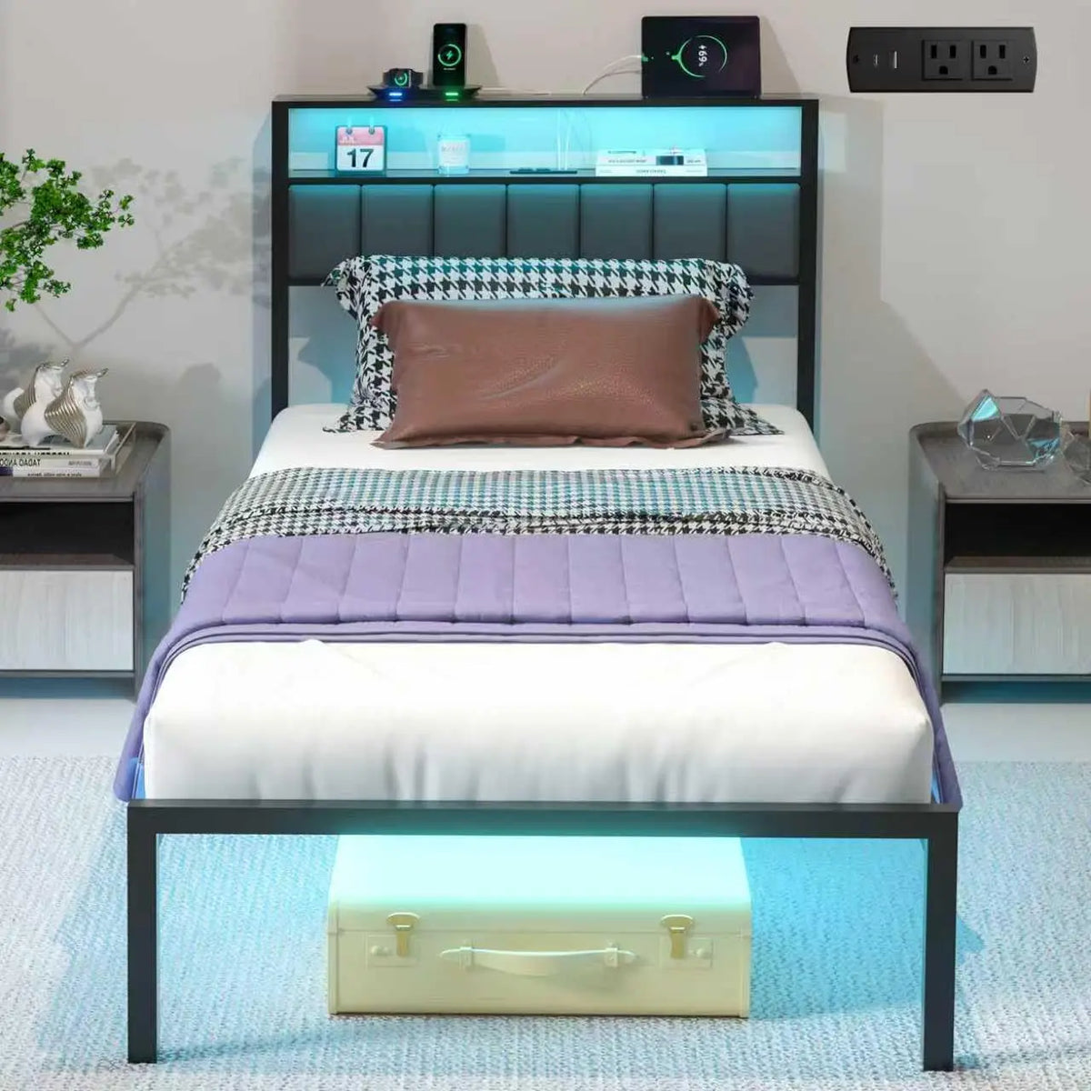 J.Fkne Twin Bed Frames with Charging Station and LED Lights - Twin Size Platform Bed with Metal Slats, No Box Spring Needed, Easy Assembly, Black