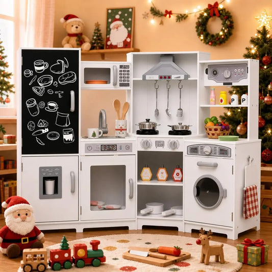 Costzon Corner Play Kitchen w/Lights - Sounds, Large Pretend Play Kitchen Set w/Blackboard, Microwave, Cooking Accessories, White