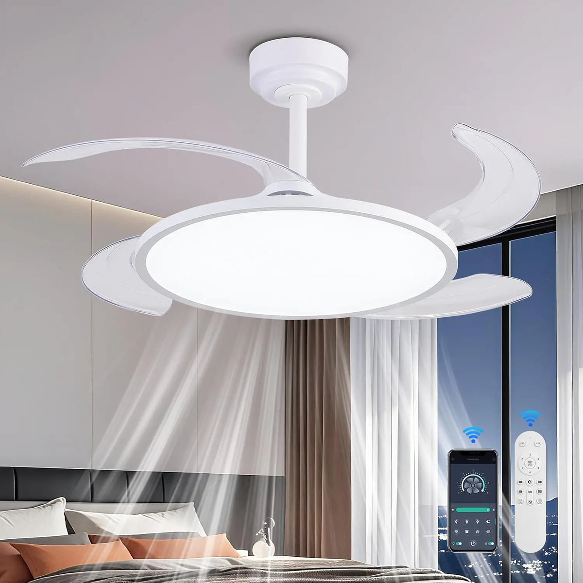 AHAWILL Retractable Ceiling Fan with Lights and Remote - 42'' Fandelier Ceiling Fan with Dimmable Full Spectrum, Timer Setting, Silent DC Motor, White