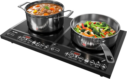 Sunvivi Portable Induction Cooktop: 2 Burners in 1 - Commercial-Grade Electric Countertop Stove with LED Touchscreen, 176°F-518°F, Independent Timer