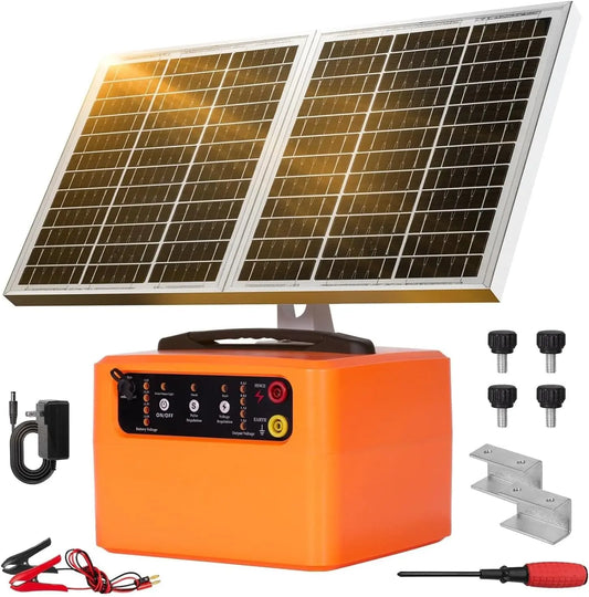 30 Miles/48km Solar Electric Fence Charger - 15W Solar Powered Fencer with Adjustable 6KV to 12KV Output, 0.3J-1.5J, Battery Level LCD Display, Deer