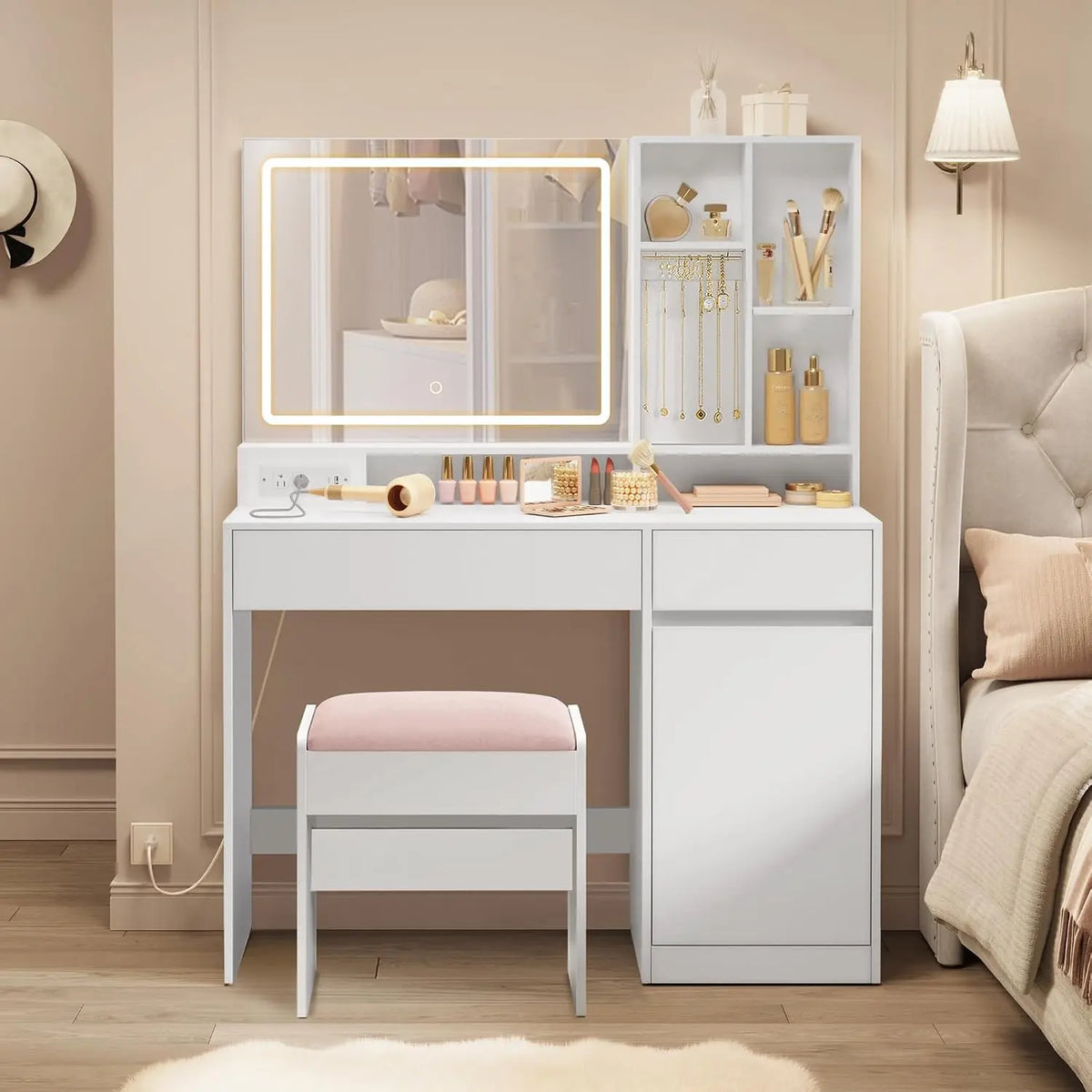 VASAGLE Vanity Desk with Mirror and LED Lights - 2 Drawers 6 Shelves
