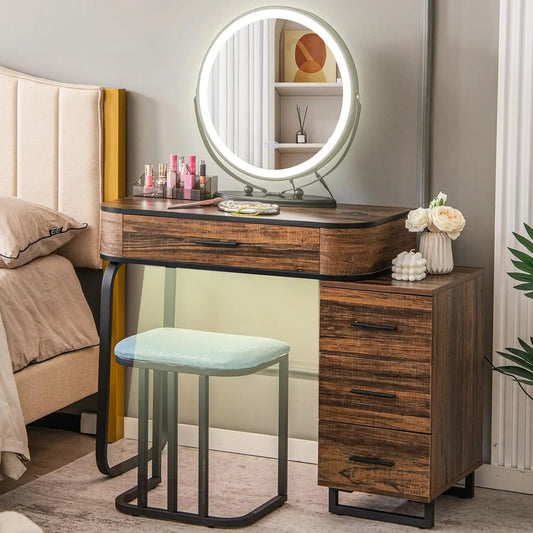 CHARMAID Vanity Desk with Lights - Makeup Vanity Table with Charging Station, 3 Color Lighted Mirror, Adjustable Brightness, Storage Drawers