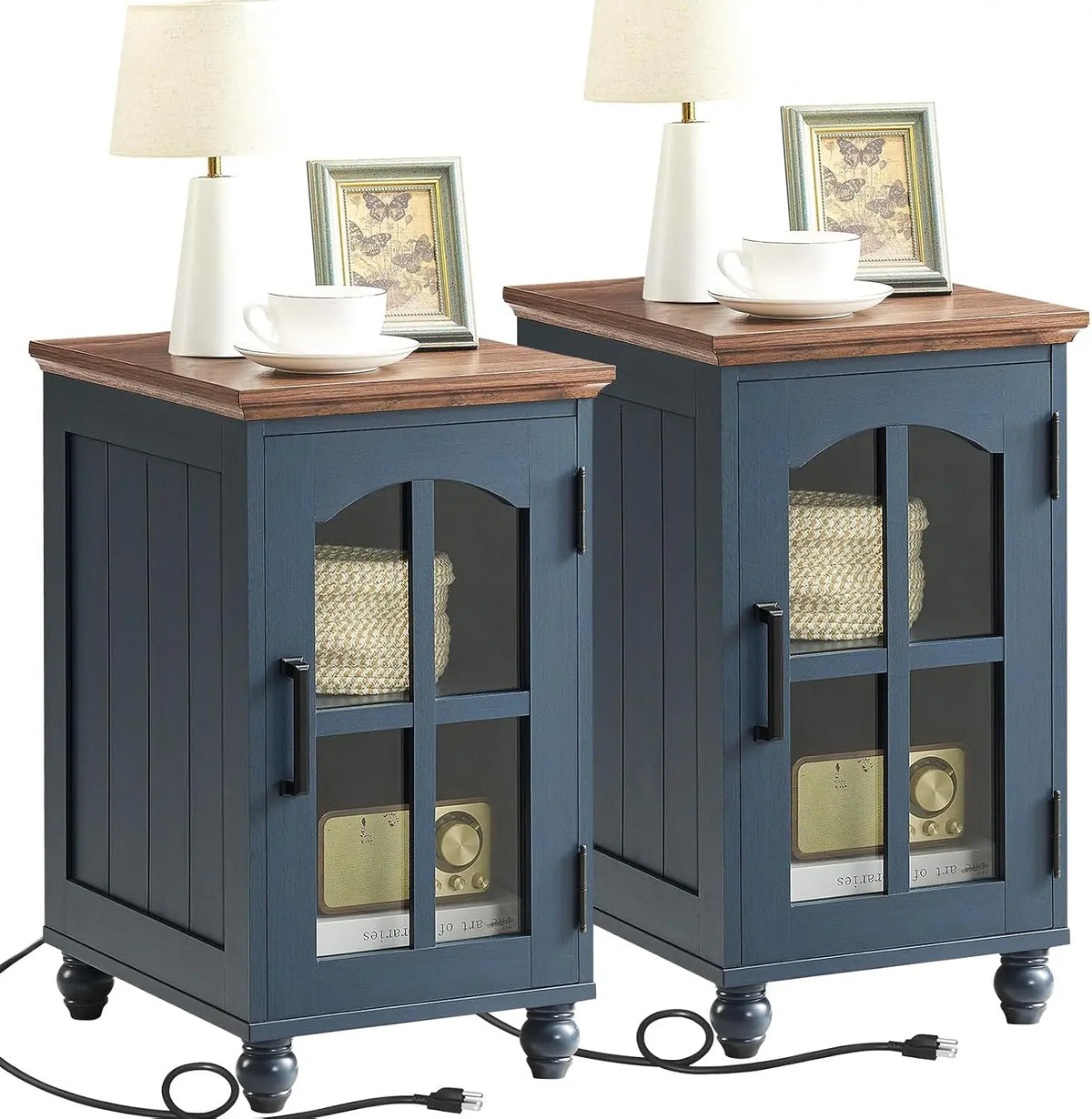 Narrow Side Table Set of 2 - Farmhouse Nightstand with Charging Station