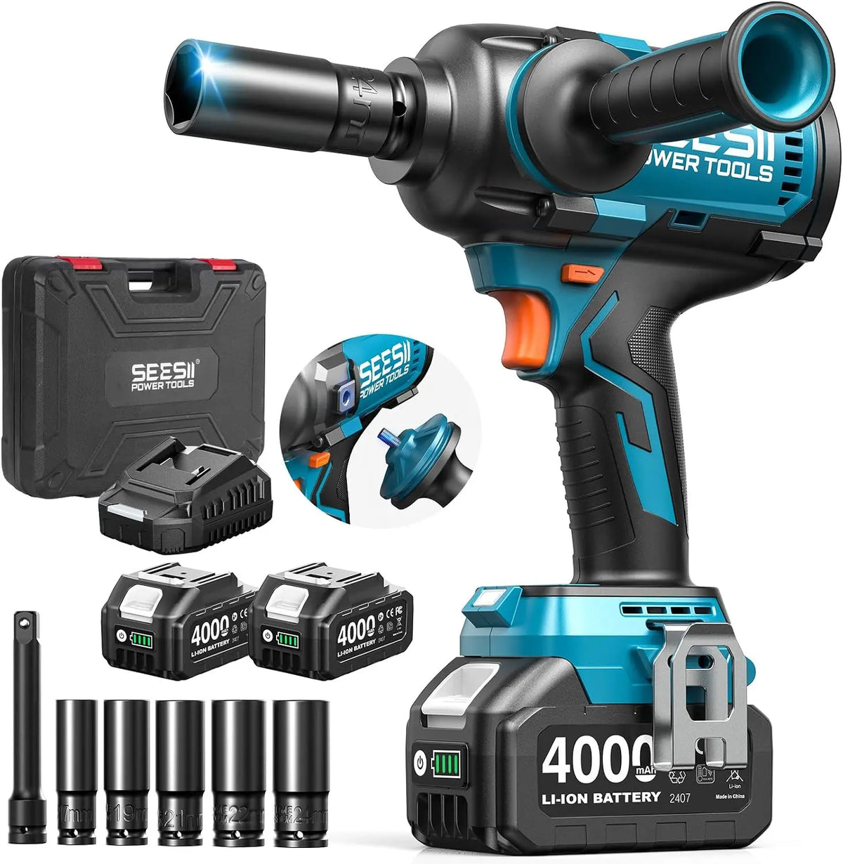 SEESII Impact Wrench 1180 Ft-lbs - 1600 N·m, : 1/2 Inch High-Torque Impact Gun with Detachable Side Handle